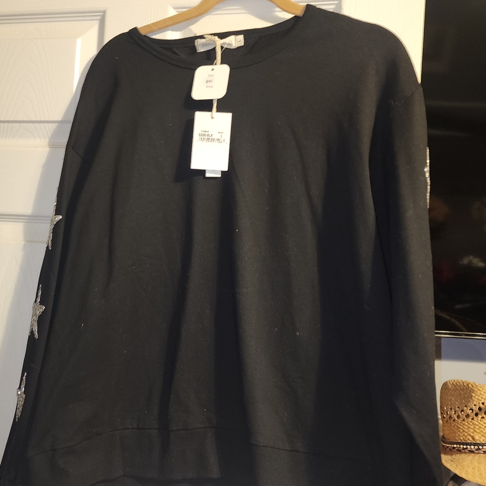 New Black Top with Silver Star Sleeve Accents - Picture 2 of 4